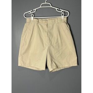 LL Bean Womens Original Fit Khaki Chino Shorts Pleated Cotton Tan Size 12 Reg